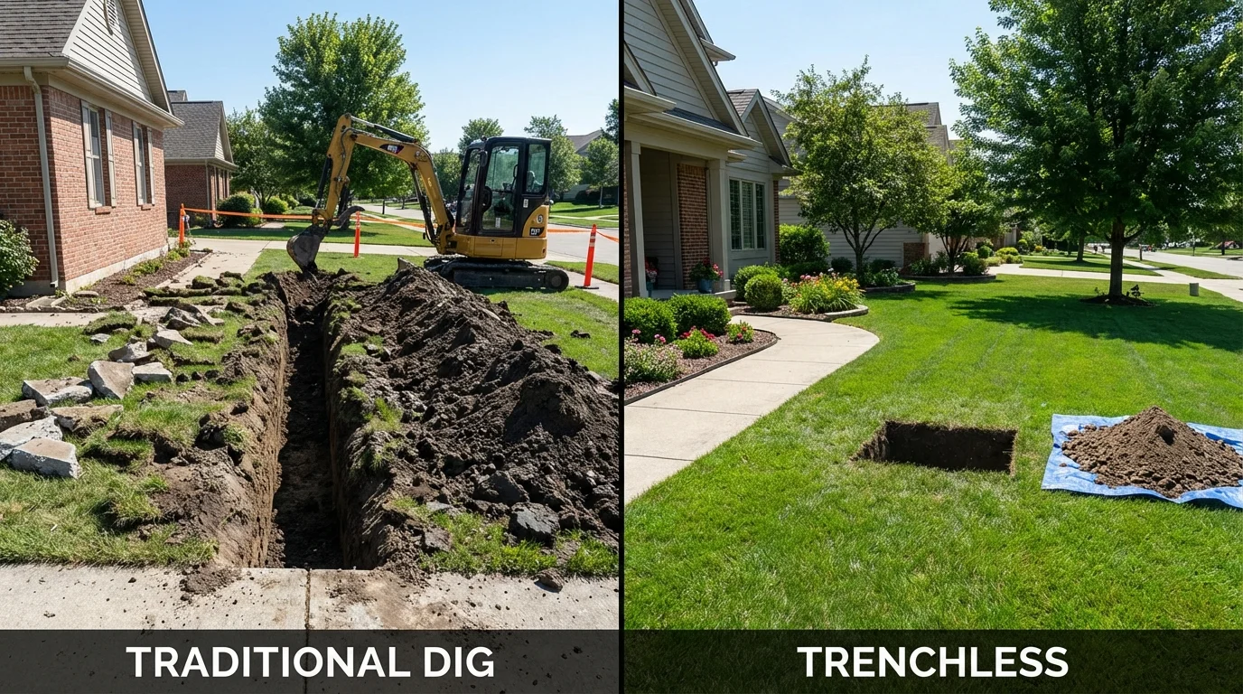 Trenchless sewer repair with minimal yard damage versus traditional excavation in Marshall, IL